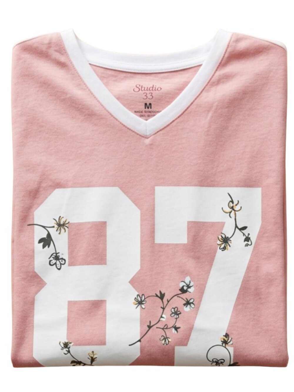 Pink Floral 87 Graphic Tee Women's V-Neck Short Sleeve Casual T-Shirt S-XL